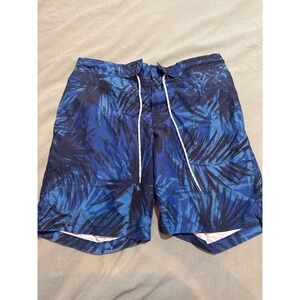 St Johns Bay Mens Blue Tropical Palm Leaf Print Swim Trunks Mesh Lined Large